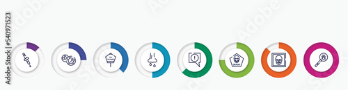 infographic element with outline icons. included pipette, cell division, stay informed, rhinitis, atention, deadly, skull, virus search vector.