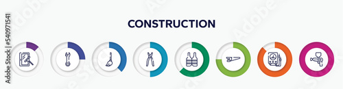 infographic element with construction outline icons. included window cleaner, adjustable wrench, mop, open pliers, reflective vest, metal saw, electric gauge, spray gun vector.