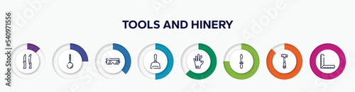 infographic element with tools and hinery outline icons. included knives, wrecking ball, protection glasses, dustpan, left glove, screwdriver pointing up, hammer facinf left, corner ruler vector.