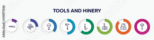 infographic element with tools and hinery outline icons. included stationery knife, jackknife, stopping, battle axe, solder, tubes hook, washing powder, big hammer vector.