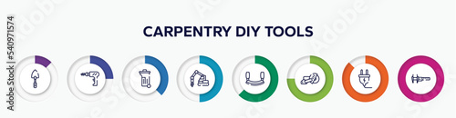 infographic element with carpentry diy tools outline icons. included garden trowel, perforator, dumpster, trucking, mezzaluna, big saw, electrical plug, calipers vector.
