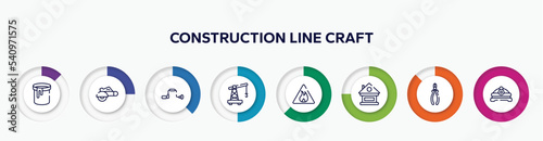 infographic element with construction line craft outline icons. included paint can open, electric saw, brace, small crane, inflamable, lodge, nippers, torch helmet vector.