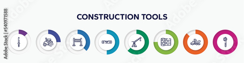 infographic element with construction tools outline icons. included knife file, farm tractor, road panel, level gauge, davit, linoleum, tipper truck, wood cutter vector.