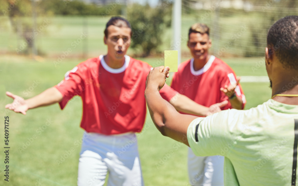 Obraz premium Man, soccer player and yellow card from referee for sports foul, misconduct or unfair play on the field. Confused men in soccer match getting a warning, sign or penalty for fail in football game law