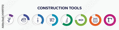 infographic element with construction tools outline icons. included null, open paint bucket, garage screwdriver, vise, cleaning mop, spark plug, fuse box, lifter vector.