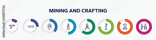 infographic element with mining and crafting outline icons. included glue gun, eye protection, handheld, crimping pliers, geodetic, tassel, construction worker, glassblowing vector.