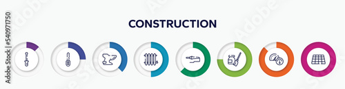infographic element with construction outline icons. included screwdrivers, car key, bidet, radiator, soldering, turquoise, oil gauge, tiles vector.
