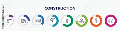 infographic element with construction outline icons. included hand drill, vice, business cards, painted, plumb bob, lumberjack, jumpsuit, cement mixer vector.