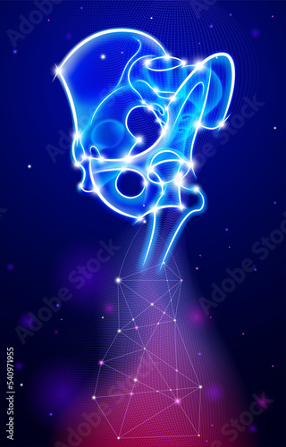 A surreal hip bone illustration that combines modern connection technology. Scientific and commercial medical use.