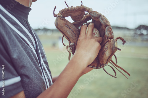 Photography Baseball player, hands or ball in mitt on grass field for fitness, workout and training in game, match and competition