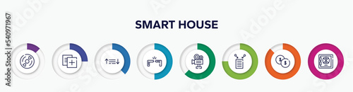 infographic element with smart house outline icons. included cds, duplicate, sorting, cable break, video production, data collection, investing, strongbox vector.