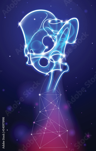 A surreal hip bone illustration that combines modern connection technology. Scientific and commercial medical use.