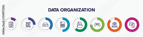 infographic element with data organization outline icons. included electric appliances, crypto vault, hard drive, null, document file, computer game, webcamera, file management vector.