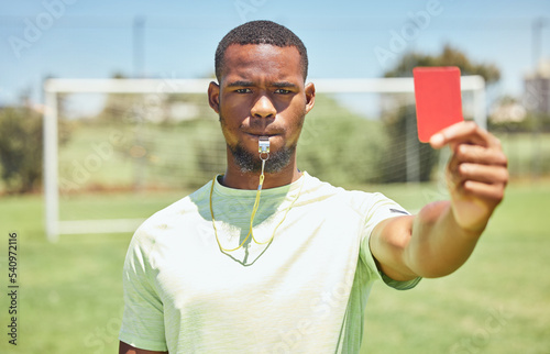 Obraz na plátně Red card, soccer referee and whistle for warning, decision and wrong action, foul or penalty on sports field pitch