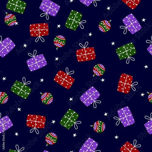 Merry Christmas seamless pattern design with gifts, stars and christmas balls. Vector flat illustration. For cards, banners, prints, packaging, invitations.