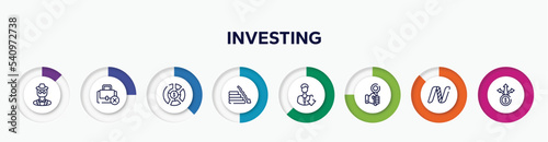infographic element with investing outline icons. included detective, unemployed, allocation, fallen, low, hand up, nasdaq, diversify vector.
