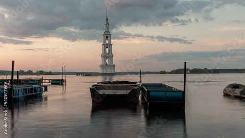 Evening view of Old Ruins Of Kalyazin Bell Tower and Volga River. Kalyazin. Russia. Time-lapse.