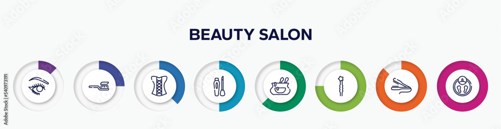 infographic element with beauty salon outline icons. included eye make up, tooth brush, women cor, liquid lipstick, cosmetic bag, two hairpins, flat iron, big scale vector.