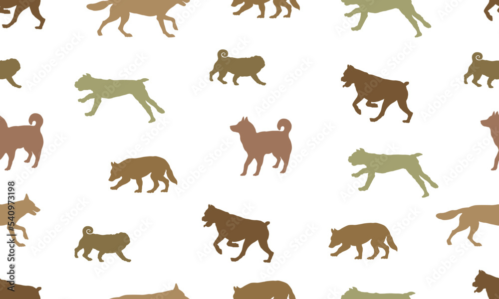 Seamless pattern. Dogs different breeds isolated on a white background. Endless texture. Design for fabric, decor, wrapping paper, surface design. Seamless pattern. Dogs different breeds isolated on a white background. Endless texture. Design for fabric, decor, wrapping paper, surface design.