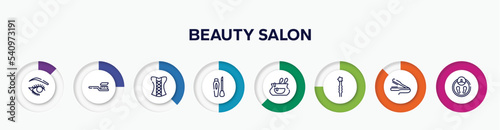 infographic element with beauty salon outline icons. included eye make up, tooth brush, women cor, liquid lipstick, cosmetic bag, two hairpins, flat iron, big scale vector.