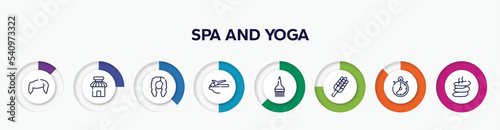 infographic element with spa and yoga outline icons. included boy hair shape, barber shop, curled black long female hair shape, hair straighter and curler, brush tool, whisk, stopclock, hot stone