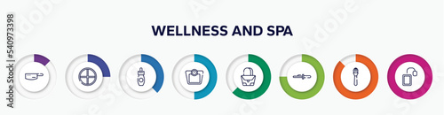infographic element with wellness and spa outline icons. included kitchen pack, tray, remover, weighing scale, purse, curling tongs, make, tea bag vector.