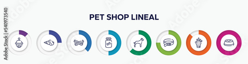 infographic element with pet shop lineal outline icons. included sleighbell, conch, null, honey treat, great dane, dog leads, grooming glove, water bowl vector.