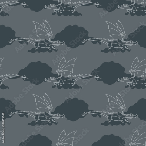 Mythical dragon digital art pattern. Vector traditional mythical beast illustration graphic. Masculine reptile print for wallpaper or decorative textile.