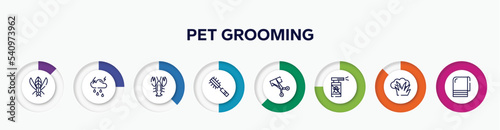 infographic element with pet grooming outline icons. included winged insect, thunderstorm, lobster, pet brush, trimming, anti flea, bush, towel vector.