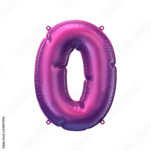 3D Render of pink purple inflatable foil balloon 0 figure. Party decoration element. zero number isolated on white background. New year celebration postcard part. Graphic element sign for web design
