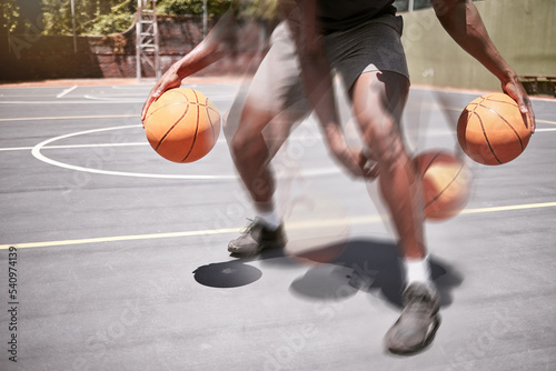 Basketball, man and speed with double exposure on a sport court while training, practice or workout for a game. Athlete exercise with ball working on skill, technique and fitness for sports match © Beaunitta V W/peopleimages.com