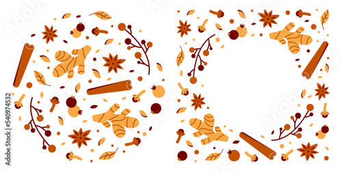 Templates for layouts with spices. Herbs, ginger, cinnamon, cloves, anise, berries. Ingredients for the recipe