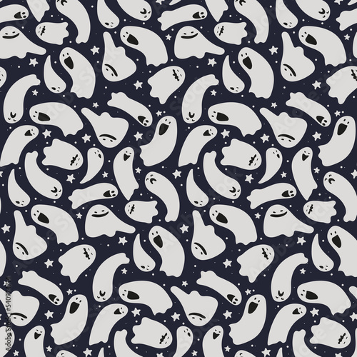 Background of ghosts in the sky with stars, Mini. Seamless pattern with flying ghosts. Suitable for printing on textiles and paper. Themed gift wrapping, notebook cover.