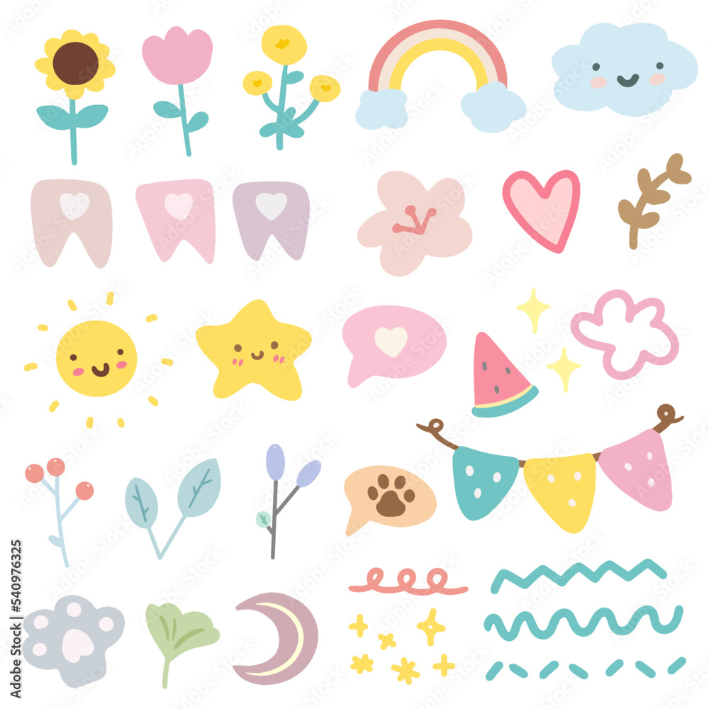 Nursery baby illustrations. Cartoon elements for a child's holiday. Collection of different cute elements. Vector illustration Nursery baby illustrations. Cartoon elements for a child's holiday. Collection of different cute elements. Vector illustration
