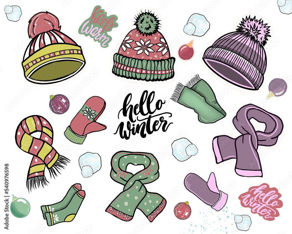 Winter stickers set of knitted hats, scarves, mittens, snowballs, Christmas decorations. Sticker pack of warm clothes, winter mood, hand drawn illustration, vector. Print for paper, diary stickers