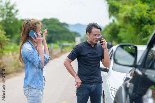 Two drivers having argument over who is guilty in car crash accident. Road safety and insurance concept © ND STOCK