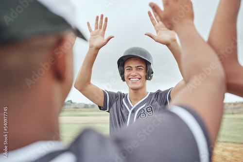 Photography Baseball, high five and team in celebration after win in a game, match or practice