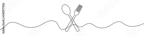 Continuous linear drawing of spoon and fork. Spoon and fork icon. Abstract background drawn with one line. Vector illustration.