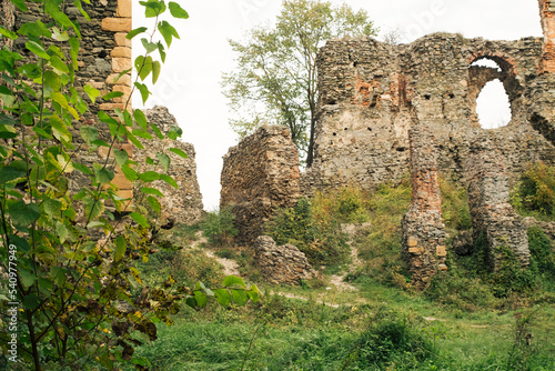 Ruins of medieval mountain Romanian castle Şoimoş Fortress (Cetatea Soimos Lipova Arad Romania) and valley of river Mures photo