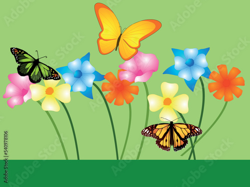 Green spring or summer meadow with grass, flowers and butterflies.
