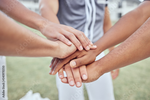 Hands, teamwork or fitness friends with support for motivation, collaboration or team building for sports goal. Diversity, trust or baseball group hand for partnership, trust or workout exercise