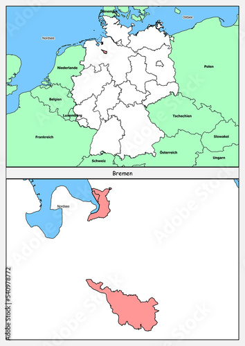 Bundesland  Bremen Karte Deutschland stumme Karte Deutschlandkarte mit Nachbarländer  photo