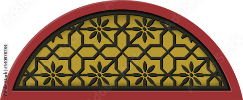 Traditional Chinese window tracery polygon geometry cross flower pattern semi circle frame