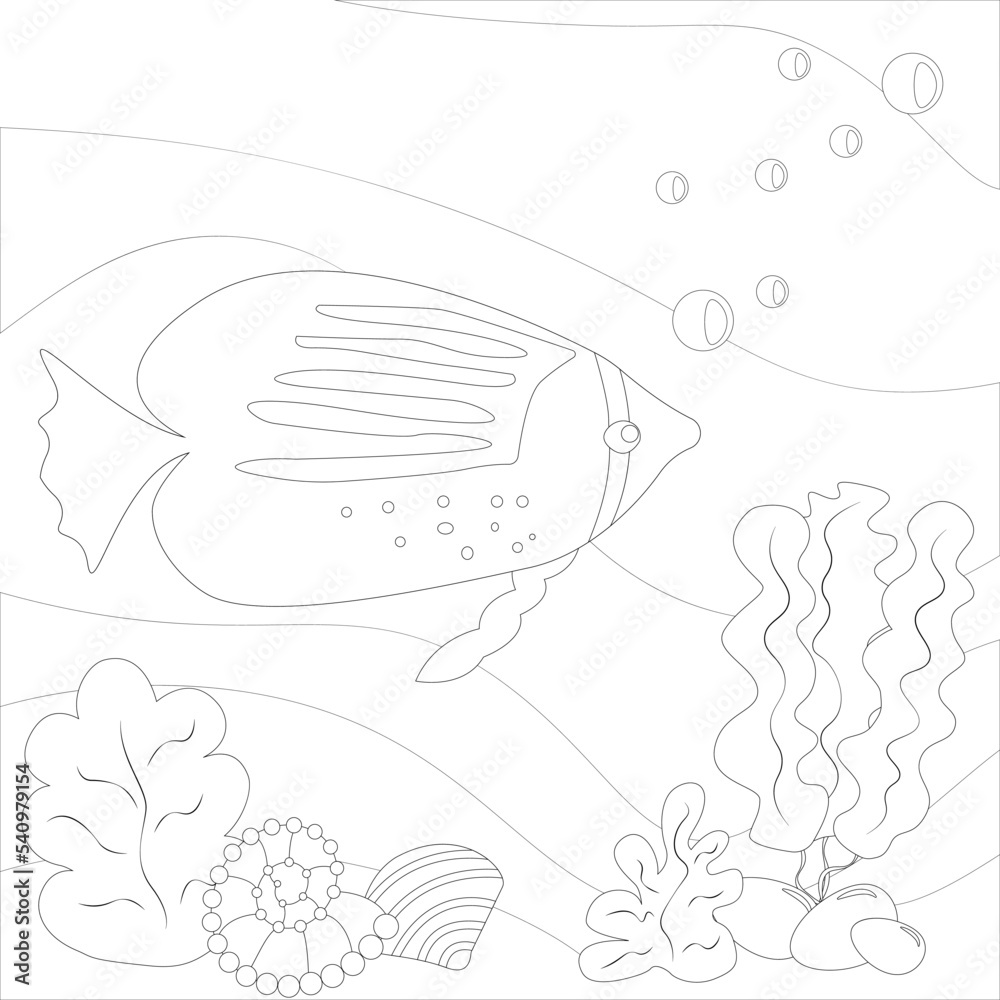 Cute sea fish swims on the bottom of the reservoir. Coloring book - vector illustration, eps Cute sea fish swims on the bottom of the reservoir. Coloring book - vector illustration, eps