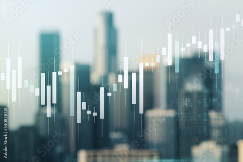 Double exposure of abstract creative financial chart hologram on blurry cityscape background  research and strategy concept