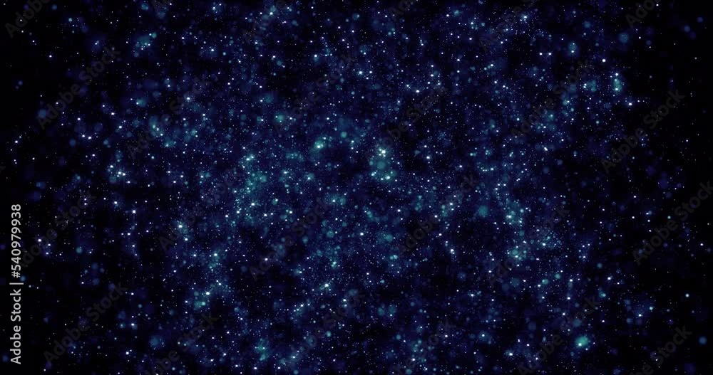 Abstract background of blue glowing shiny digital flying dots of particles that look like stars in a galaxy in space. Screensaver beautiful video animation in high resolution 4k