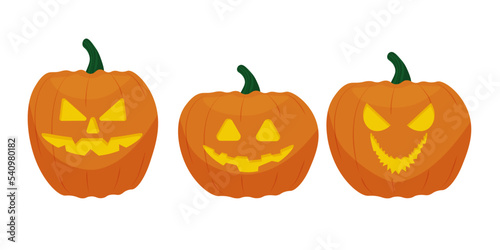 Angry pumpkins are isolated on a white background. Pumpkins with a scary smile. Vector illustration.