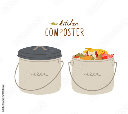 Kitchen composter in an open and closed state, with organic waste and hand lettering. Ecological recycling, responsible consumption. Organic waste for domestic composting.