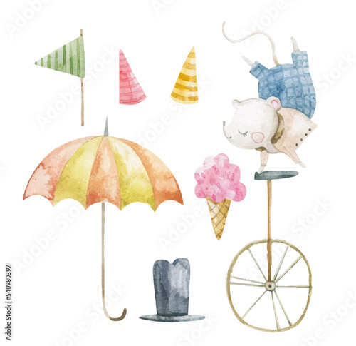 cute childish set with circus elements, party, perfomance collection, clipart