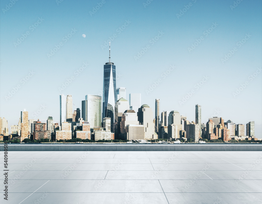 Empty concrete embankment on the background of a beautiful New York city skyline at daytime, mockup
